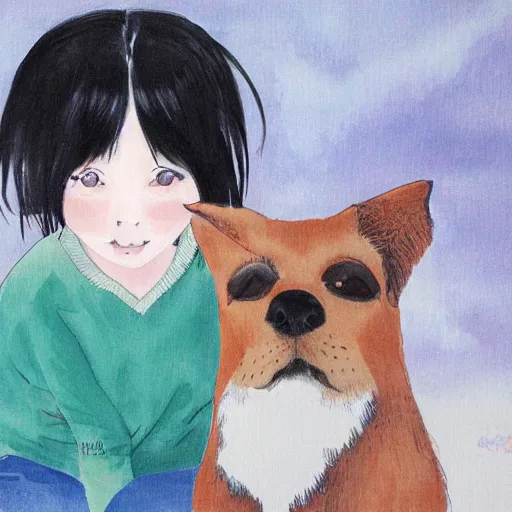 Prompt: a dog and a girl by kei toume