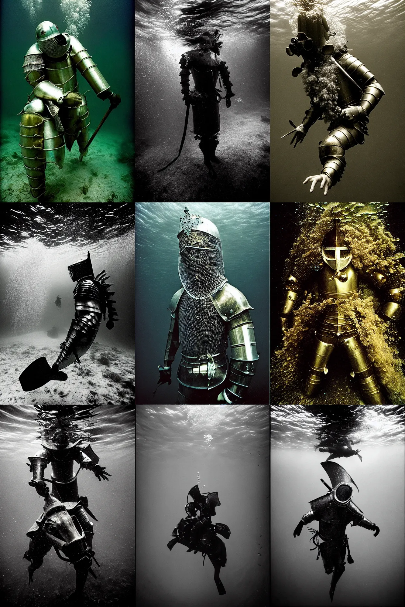 Prompt: Underwater photo of a beautiful medieval knight by Trent Parke, clean, detailed