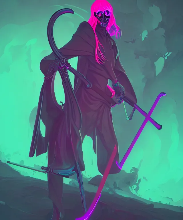 Image similar to a portrait of a neon grim reaper holding a scythe, fantasy, elegant, digital painting, artstation, concept art, matte, sharp focus, illustration, art by josan gonzalez