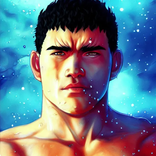 Image similar to portrait of guts from berserk submerged in red water, extremely detailed, made by Justin Fields artstation