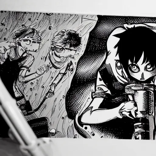 Image similar to close-up scene neighbor holding a drill and drilling holes in a room, all wall is drilled with holes, manga, professional manga artwork, very detailed, black and white manga horror in style of junji ito, kentaro miura, Tsutomu Nihei