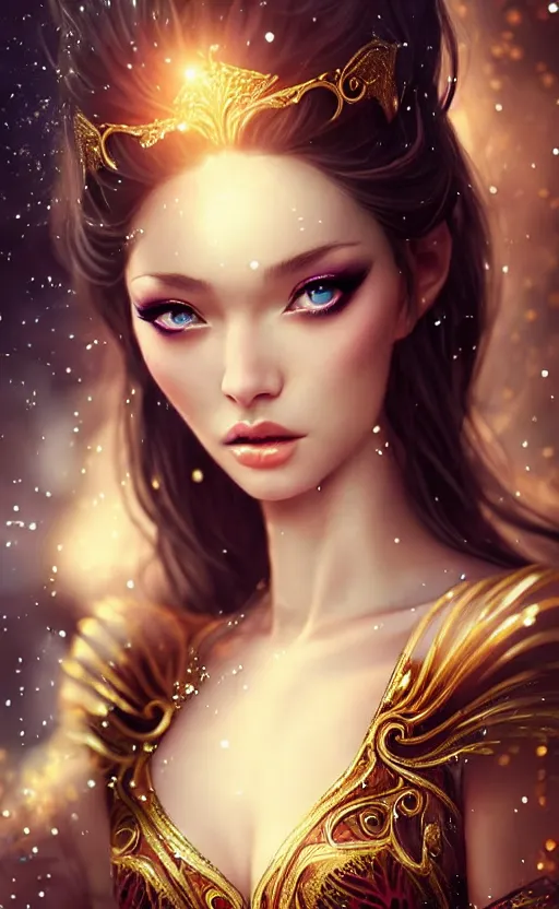 Image similar to a fantasy photo of gorgeous russian female, evening gown, bokeh, medium shot, beautiful face, professionally retouched, soft lighting, realistic, smooth face, perfect eyes, sharp focus, 8 k realistic high definition, insanely detailed, intricate, elegant, art by artgerm and kyoung hwan kim