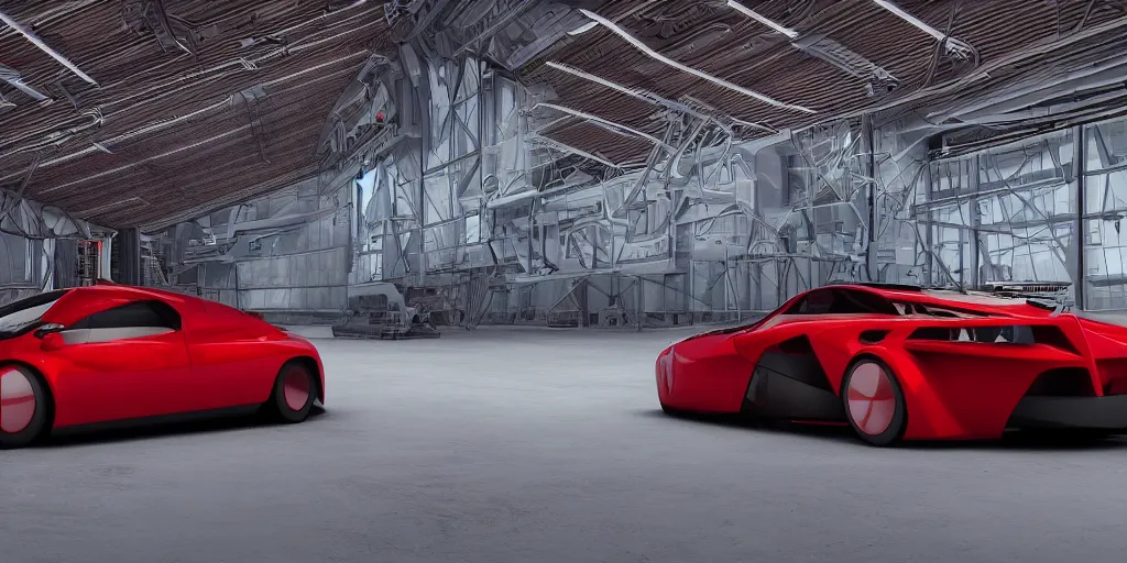 Image similar to kama russian electrocar, inside futuristic hangar, red car, sharp focus, ultra realistic, ultra high pixel detail, cinematic, intricate, cinematic light, unreal engine 8 k