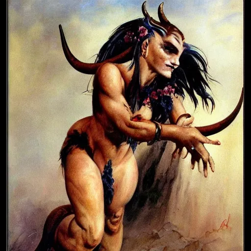 Prompt: a beautiful portrait of a woman dressed as a bull, female minotaur, painting by frank frazetta