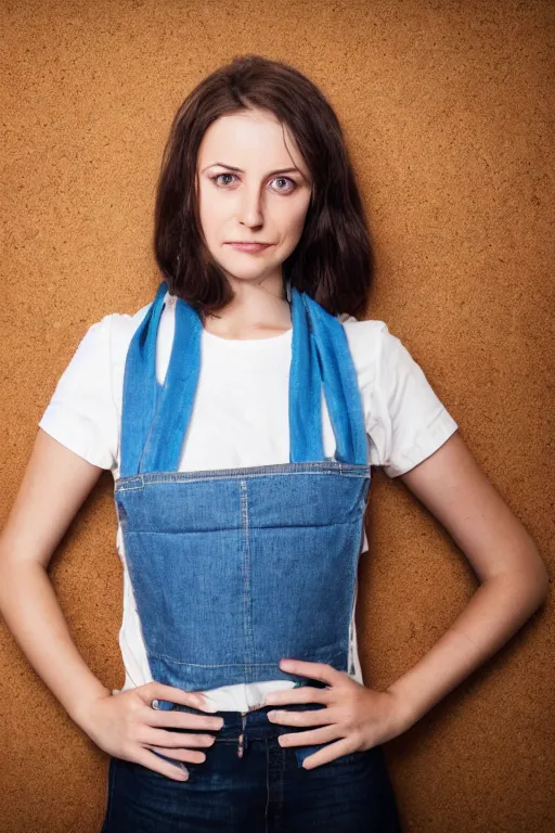 Image similar to professional photo of depressed teacher on backboard background, women, 2 5 year old, brunette, bib hairstyle, portrait, realistic, detailed