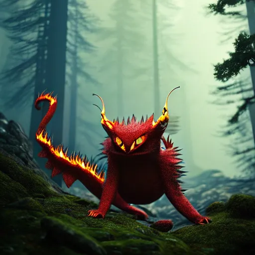 Prompt: ( fire pokemon ) creature creature in a alaskan forest, : : by michal karcz, daniel merriam, victo ngai and guillermo del toro : : ornate, dynamic, particulate, intricate, elegant, highly detailed, centered, artstation, smooth, sharp focus, octane render, 3 d