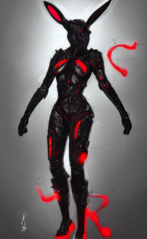 Prompt: Full body portrait of a cyborg rabbit assassin, in black carbon and red fiber sci-fi armor, tech wear, muscular!! sci-fi, intricate, elegant, highly detailed, digital painting, artstation, concept art, smooth, sharp focus, illustration, trending on art station, dynamic lighting, cinematic, ultra detailed, fantasy concept art