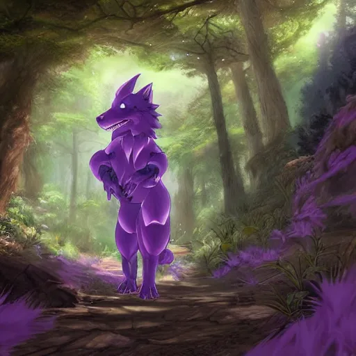 Prompt: concept art painting of a purple anime furry anthro dragon, in the deep forest, realistic, detailed, cel shaded, in the style of makoto shinkai and greg rutkowski and james gurney