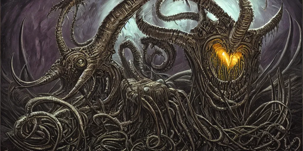 Image similar to elder god oryx lovecraftian h. p, terror, art by paulc carrick, dave carson, john coulthart, lee brown coye, h. r giger, stephen hickman, 8 k, hd, illumination, lighting, raytracting, dark, lovecraft, arkham, grotesque