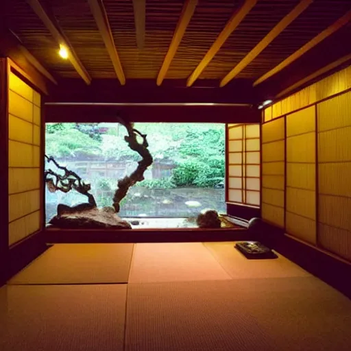 Image similar to inside a dimly lit cozy dark wooden Japanese house with a indoor koi pond at night raining, bonsai trees, fireflies, wild flowers, raining, night time