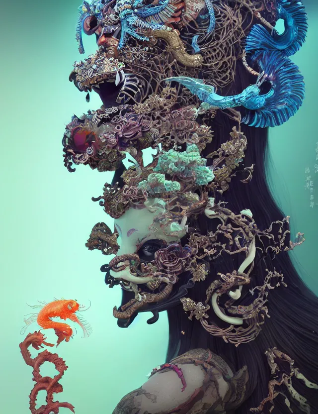 Image similar to 3 d goddess of hell close - up profile portrait with ram skull. beautiful intricately detailed japanese crow kitsune mask and clasical japanese kimono. betta fish, jellyfish phoenix, bio luminescent, plasma, ice, water, wind, creature, artwork by tooth wu and wlop and beeple and greg rutkowski