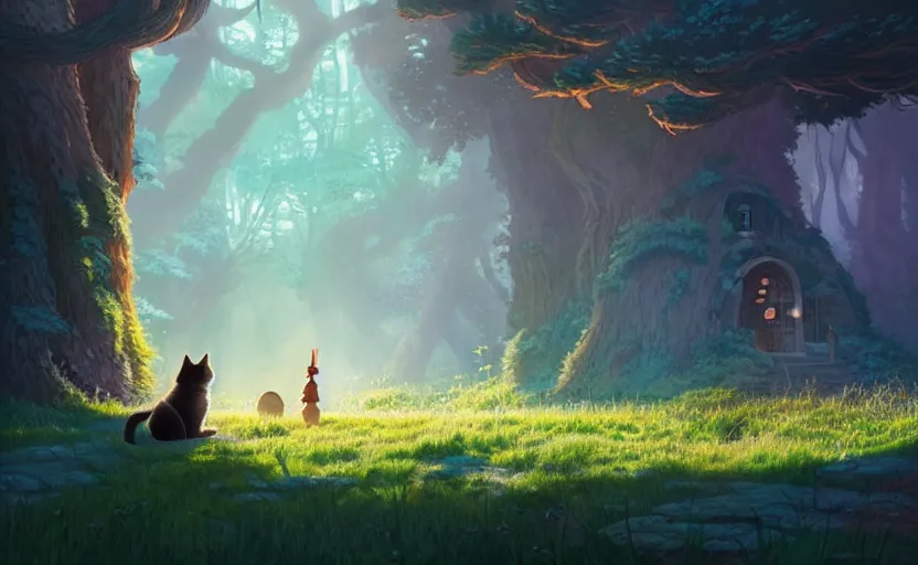 Image similar to a bounty hunter and her cat companion their woodland home in a fantasy studio ghibli animated film, d & d, fantasy concept art, global illumination, beautiful composition, volumetric lighting, octane render by studio ghibli and christopher balaskas, highly detailed