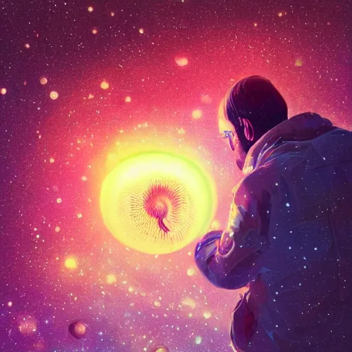 Image similar to over the shoulder photo of a man watching a magic glowing jellyfish in glowing cosmic stardust, colorful stars, galaxies, space, award winning photo, intricate, high detail, atmospheric, desolate, artstation