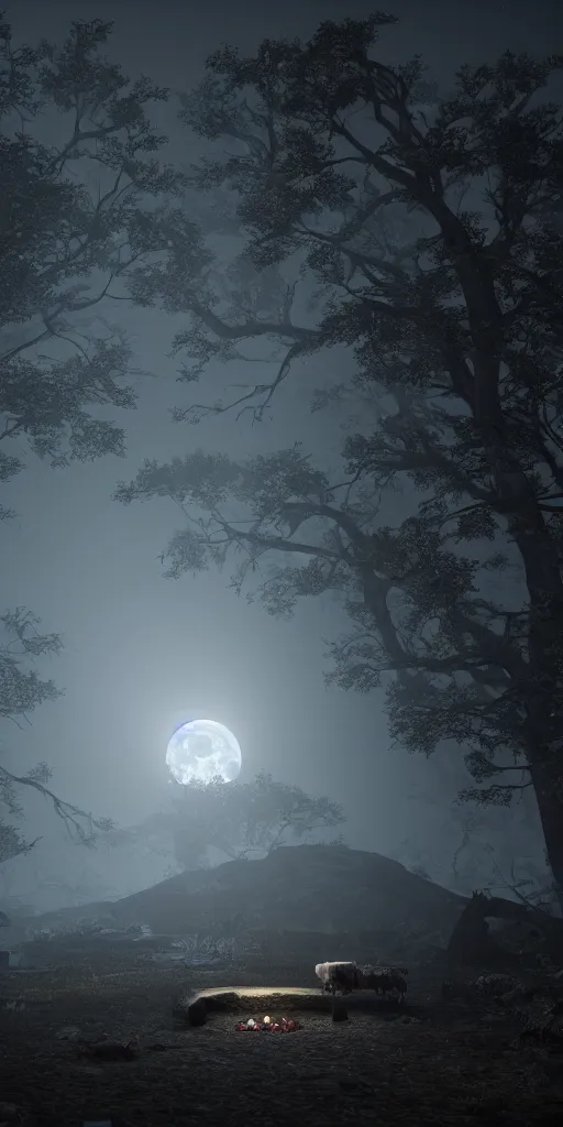 Prompt: photorealistic wide shot of a requiem in the moonlight, octane render, unreal engine 4k, volumetric light, fog, detailed