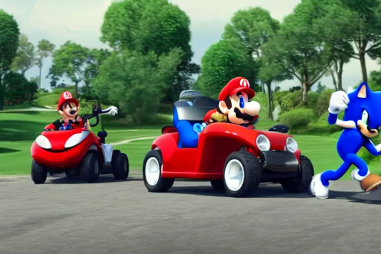 Prompt: mario brothers and sonic the hedgehog driving golf carts, movie still, from the new fast and furious movie, 8 k, hd