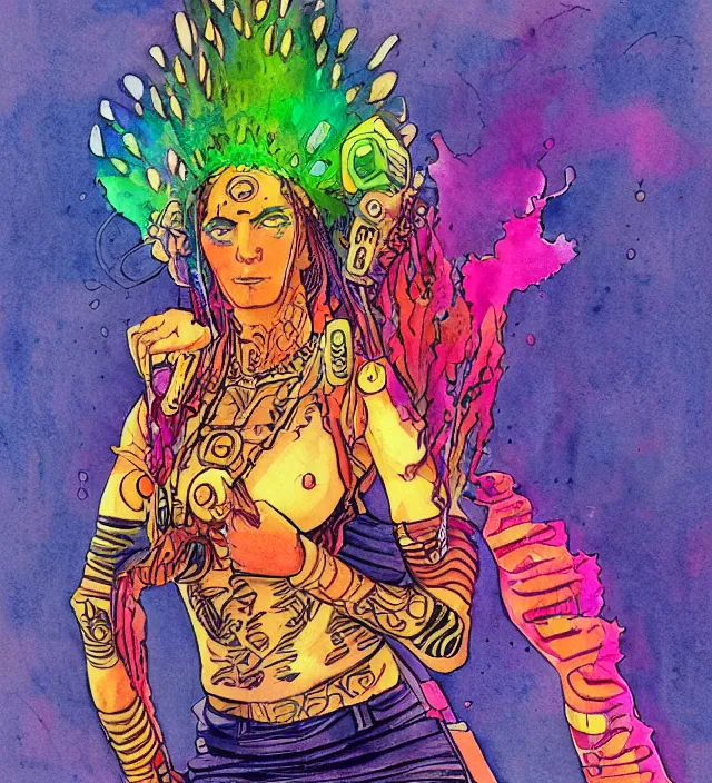 Image similar to a watercolor ink painting of female aztecian punk / raver using her mutant electrical powers in the style of jean giraud in the style of moebius trending on artstation deviantart pinterest detailed realistic hd 8 k high resolution