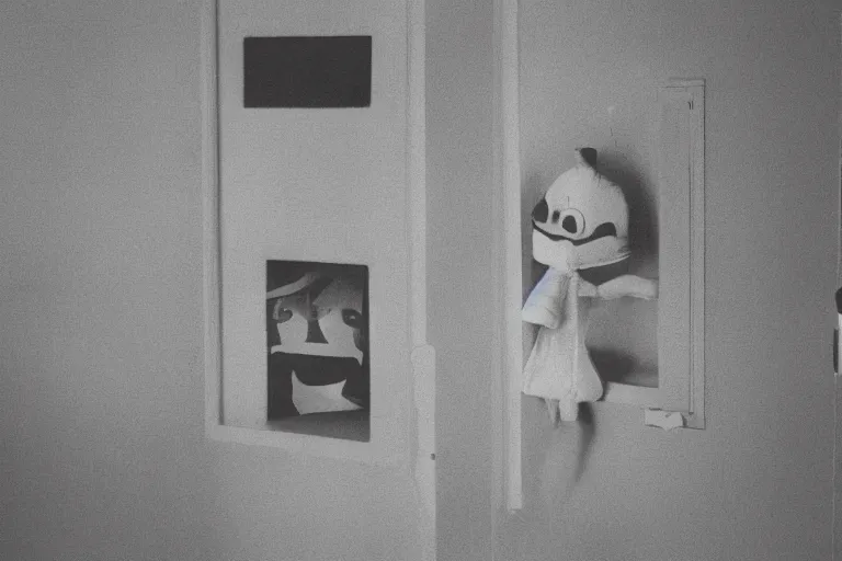 Prompt: donald duck in corner of dark room, smiling, horror