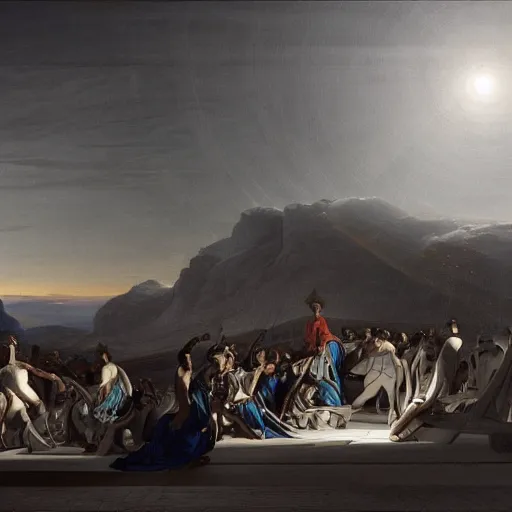 Image similar to full lenght sci-fi cars in the coronation of napoleon painting by Jacques-Louis David and point cloud in the middle and everything in form of zaha hadid architects artwork by caravaggio unreal engine 5 keyshot octane lighting ultra high detail ultra hyper realism 8k 16k in plastic dark tilt shift full-length view