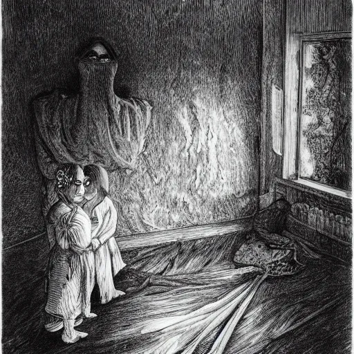 Prompt: found footage of floating mask in abandoned house. b & w grainy. children illustration. art by gustav dore - andy riley