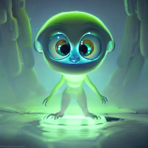 Image similar to adorable glowing alien, trending on artstation, cute, big eyes, matte painting, concept art, pixar, disney, highly detailed, cinematic composition, unreal engine, 3 d rendered in octane