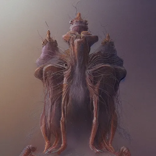 Prompt: A painting of an anthropomorphic ant queen standing on her hind legs formian pathfinder, digital art 4k unsettling alien , Wayne Barlowe Pierre Pellegrini Greg Rutkowski