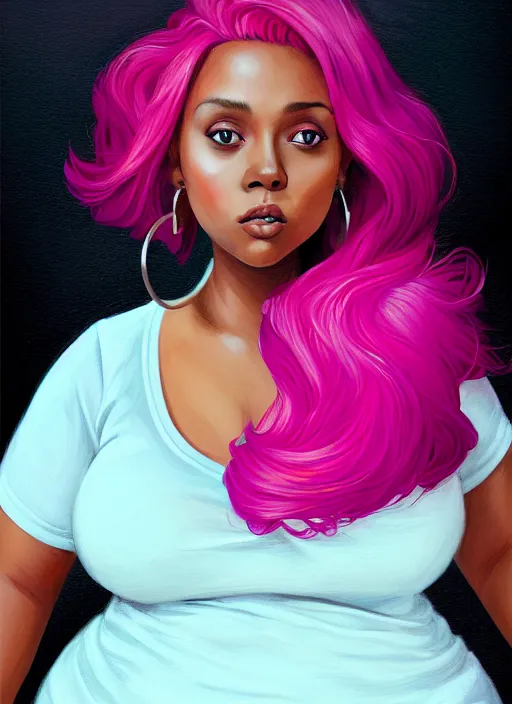 Image similar to full body portrait, teenage vanessa morgan, pink hair, dark skin, obese, curly pixie hair, sultry, realistic, short hair, hoop earrings, skirt, shirt, fat, belly, intricate, elegant, highly detailed, digital painting, artstation, concept art, smooth, sharp focus, illustration, art by wlop, mars ravelo and greg rutkowski