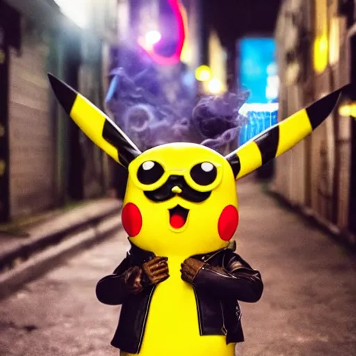 Prompt: Pikachu wearing a leather jacket and wearing cool sunglasses, smoking a cigar in a moonlit cyberpunk city alleyway, neon lights