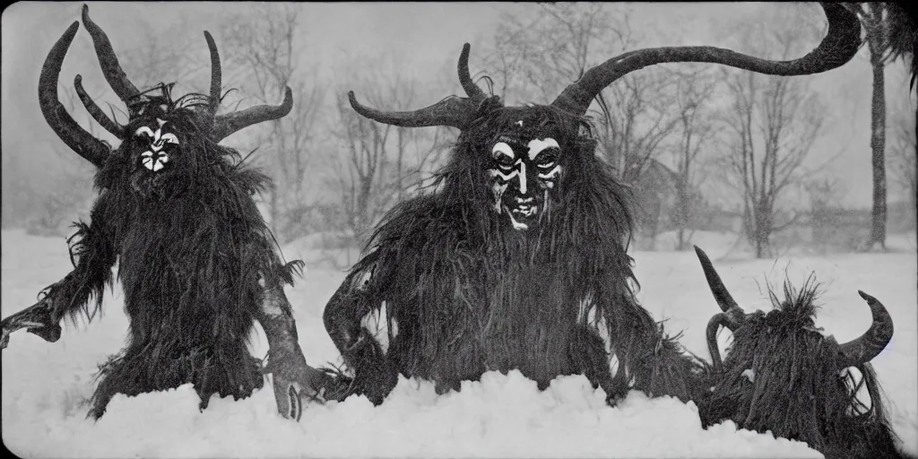 Image similar to 1 9 2 0 s photography of krampus hay monsters submerged in snow