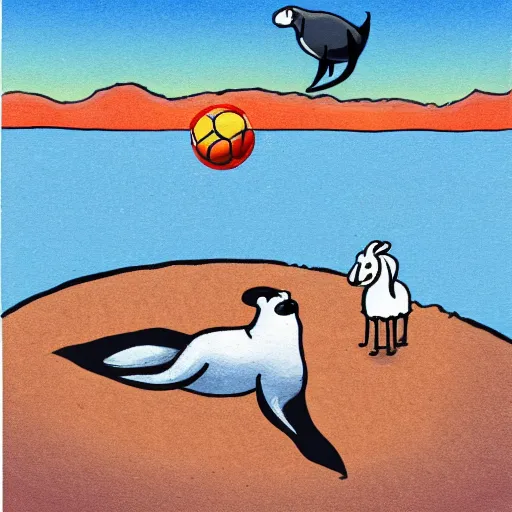 Prompt: cartoon drawing of a seal tossing a ball with a sheep in antarctica. the seal's head is peaking above the water