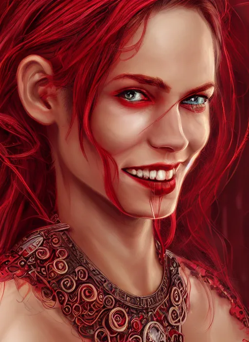 Image similar to red skin, Tiefling , smiling, beautiful detailed eyes, cute, fantasy, intricate, elegant, highly detailed, digital painting, 4k, HDR, concept art, detailed jewelry, smooth, sharp focus, illustration, by Wayne Reynolds