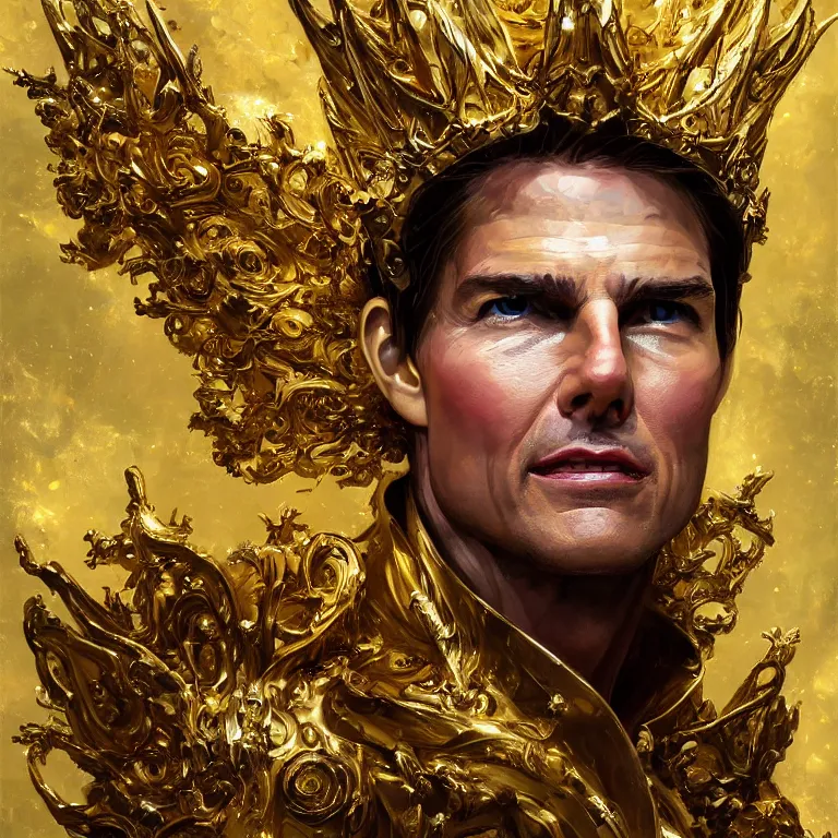 Image similar to tom cruise portrait of yellow angel king wearing shiny crown, subtle light accents, gold rococo, tom cruise face, sculpted by alex alice, craig mullins, yoji shinkawa, trending on artstation, beautifully lit, peter mohrbacher, hyper detailed, insane details, intricate, elite, elegant, luxury, cgsociety, hypermaximalist,