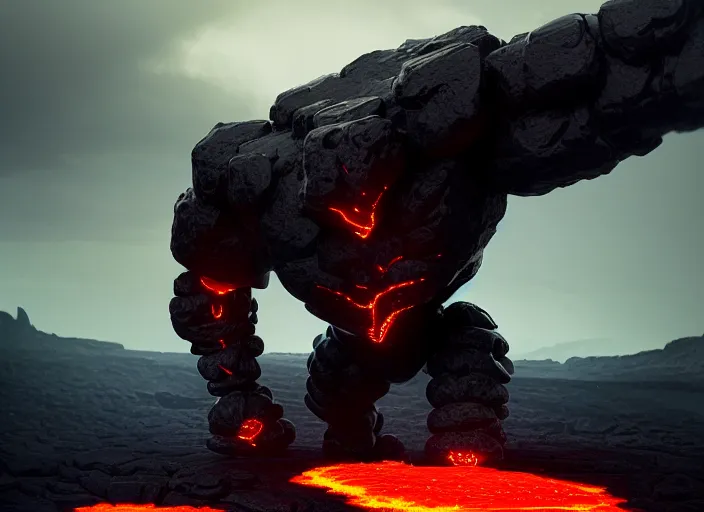 Image similar to epicly designed very muscular stone obsidian robot with human body fighting a deadly beast made from lava with background by greg rutkowski, trending on artstation