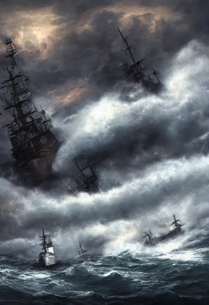 Image similar to ship being persecuted by a police ship over raging turbulent waters, hyper realistic, highly detailed, digital art, apocalyptic, intimidating lighting, raytracing, sharp focus, smooth, romanticism