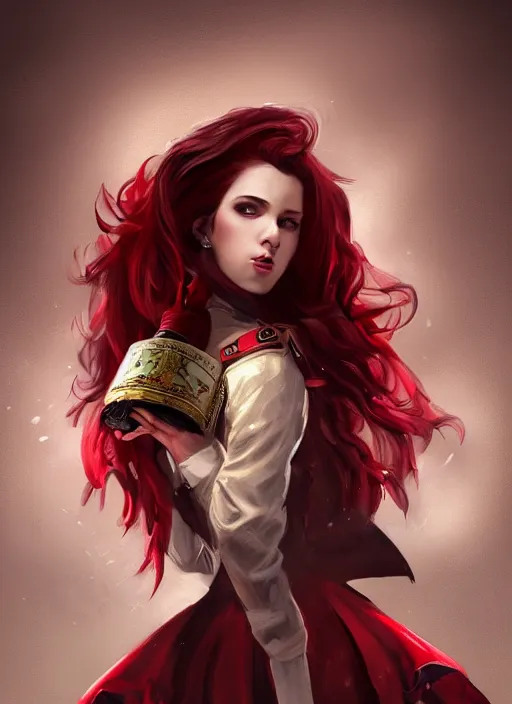 Image similar to a highly detailed illustration of beautiful long dark red haired woman wearing wine red epaulette uniform and coat cape, dramatic floating pose, strings background, intricate, elegant, highly detailed, centered, digital painting, artstation, concept art, smooth, sharp focus, league of legends concept art, wlop