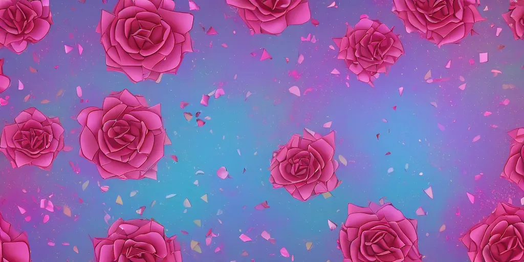 Prompt: background art of spaciously scattered flower petals flowing and flowing through the air from left to right on a simple sunset background, large individual rose petals, large triangles, polygonal fragments, anime, artgerm, manga, trending on artstation, art nouveau, mature color scheme