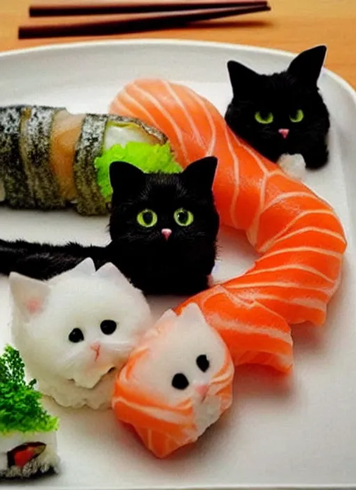 Image similar to clear photorealistic picture of adorable cats made out of sushi