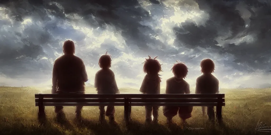 Image similar to a family with sorrow faces sitting on a bench, dramatic sky, close up shot, anime art, Greg Rutkowski, dramatic lighting