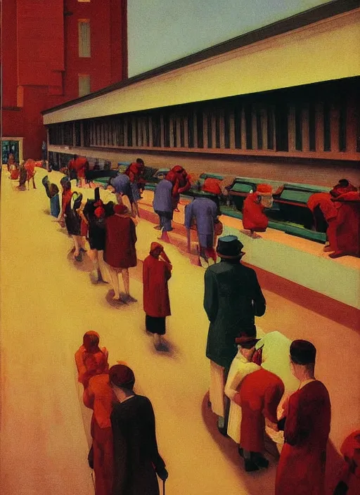 Image similar to sausage line at the art deco hospital painting by Edward Hopper and James Gilleard, Zdzislaw Beksinski highly detailed