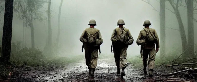 Prompt: a movie still of wwii american soldiers walking into a deserted camp full of decomposing bodies in the middle of an eerie creepy dark forest, heavy rain, horror, highly detailed, dusk lighting, cooke lens 2 2 mm deep focus, horror, promotional photograph, smooth, sharp focus, golden ratio, dramatic illumination, ultra realistic, 4 k, shot by christopher nolan