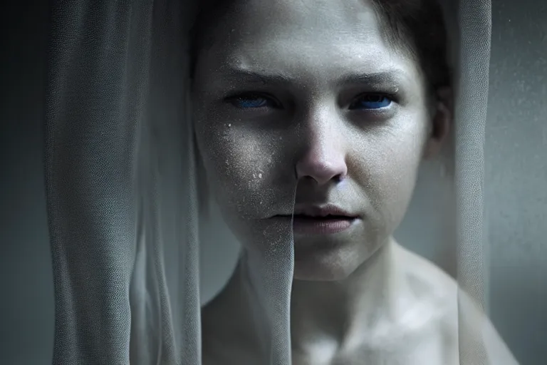 Prompt: an ultra realistic, cinematic, fantasy, portrait, of a woman, face coming out of water, dramatic, soft light, dreamy, facial features, stood in a cell, with prison clothing, detailed, deep focus, movie still, dramatic lighting, ray tracing, by michal karcz and yoshitaka amano