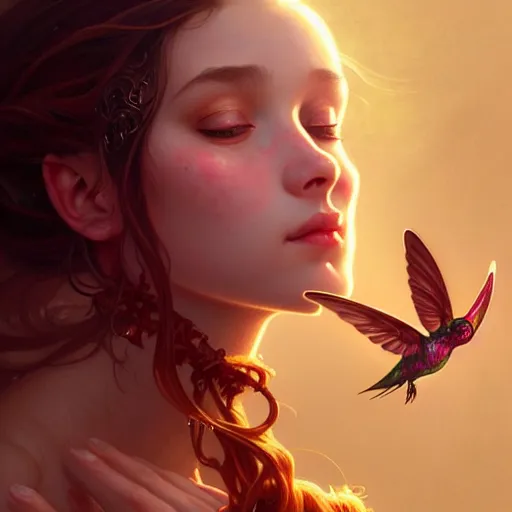 Image similar to Portrait of a girl exhaling smoke being surrounded by hummingbirds, face, fantasy, intricate, elegant, highly detailed, digital painting, artstation, concept art, smooth, sharp focus, illustration, art by Fernanda Suarez and Artem Demura and alphonse mucha