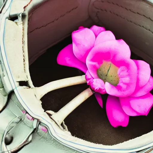 Prompt: a pink flower inside a boot