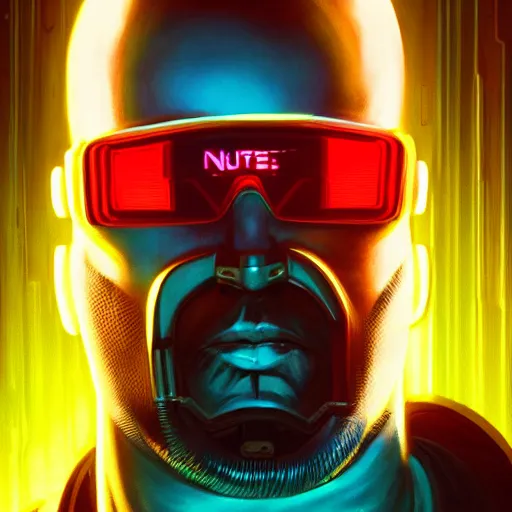 Image similar to a portrait of cyberpunk Duke Nukem wearing reflective surface mirror surface shades mirrorshades, Night City, cyberpunk 2077, neon megacity in the background, angry and bored, illustration, soft lighting, soft details, painting oil on canvas by mark arian by artgerm, trending on artstation, 4k, 8k, HD