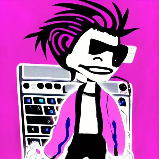 Image similar to a cartoon of a man holding a pink keyboard, cyberpunk art by Jamie Hewlett, tumblr contest winner, funk art, synthwave, retrowave, vaporwave