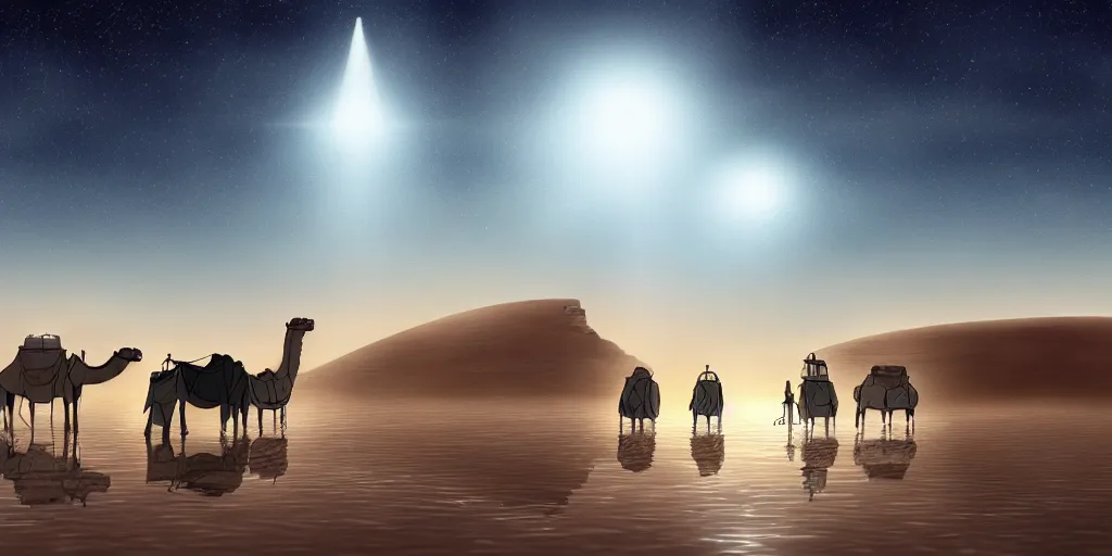 Image similar to a cell - shaded studio ghibli concept art of a silver hovering ufo shining a spotlight on a camel caravan in a flooded stonehenge desert road gas station on a misty starry night. very dull colors, hd, 4 k, hq