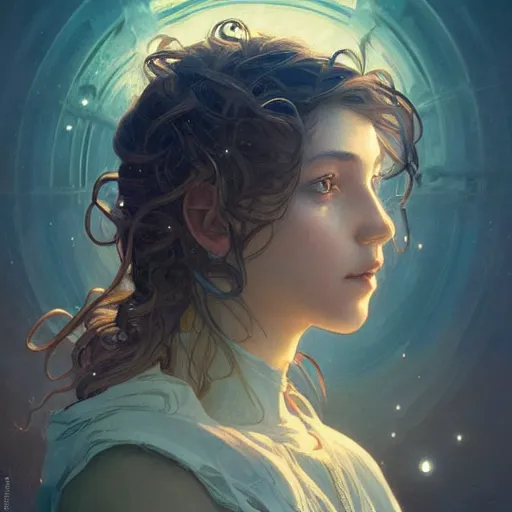 Image similar to portrait of a girl with the universe inside her head, filaments, surreal, intricate, headshot, highly detailed, digital painting, artstation, concept art, sharp focus, cinematic lighting, illustration, art by artgerm and greg rutkowski, alphonse mucha, cgsociety, science fiction