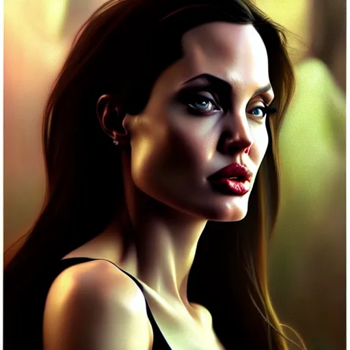 Image similar to beautiful digital painting of young angelina jolie background with high detail, 8 k, stunning detail, photo by artgerm, greg rutkowski and alphonse mucha, unreal engine 5, 4 k uhd