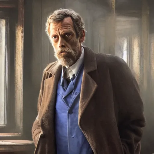 Image similar to hugh laurie as a rough dirty old man with a scruffy beard in a dark blue trenchcoat as the new doctor who, cinematic, volumetric lighting, f 8 aperture, cinematic eastman 5 3 8 4 film, photorealistic by greg rutkowski, by stanley artgerm, by alphonse mucha