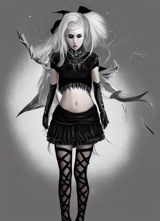 Image similar to kerli koiv in the art style of arcane. gothic mini skirt and crop top, fine art, matte painting, digital art, concept art, artgerm,, rule of 3 rds,