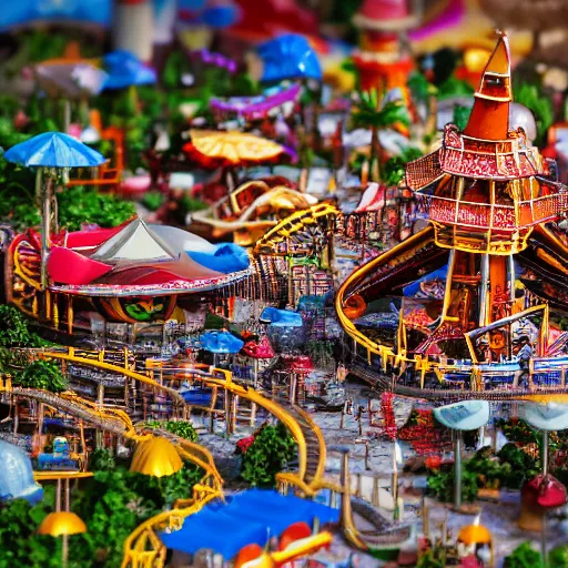 Prompt: a macro photo of a very detailed miniature model of an amusement park, close - up, intricately detailed buildings, cars and people, intricately detailed markings, intricate textures, warm lighting, vivid colors, realistic octane render, hyper realistic render, volumetric shading, depth of field, raytracing, 8 k,